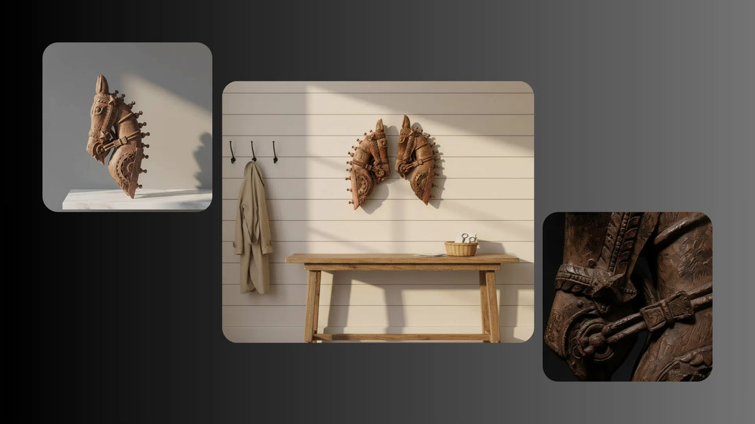 Hand carved wooden horse head wall decor mounted as a decorative accent in living room or office