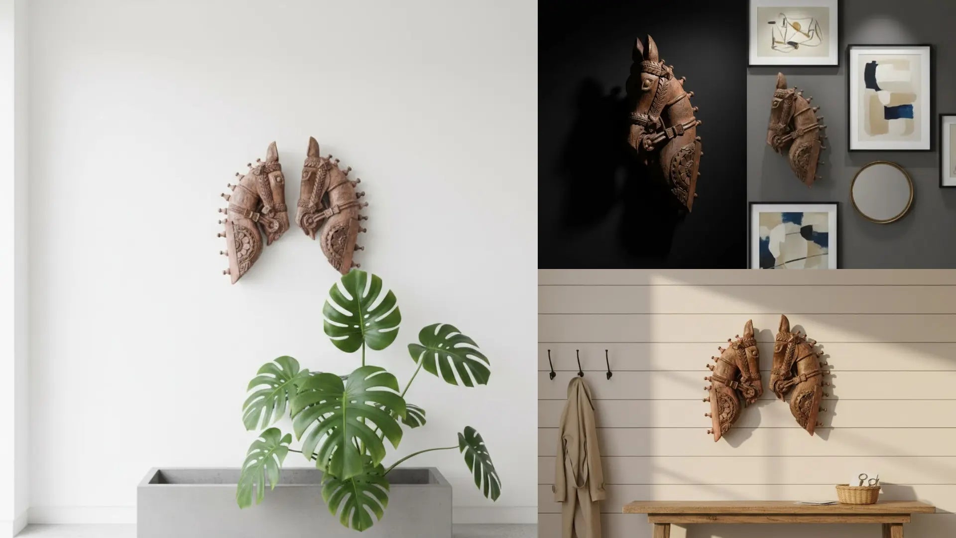 Handcrafted carved horse sculpture on a stand, perfect for home decor or display.