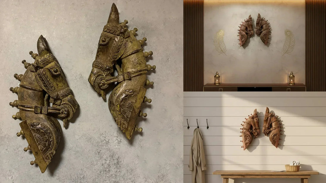 Two handcrafted carved horse head sculptures, perfect for home decor, sold as a set