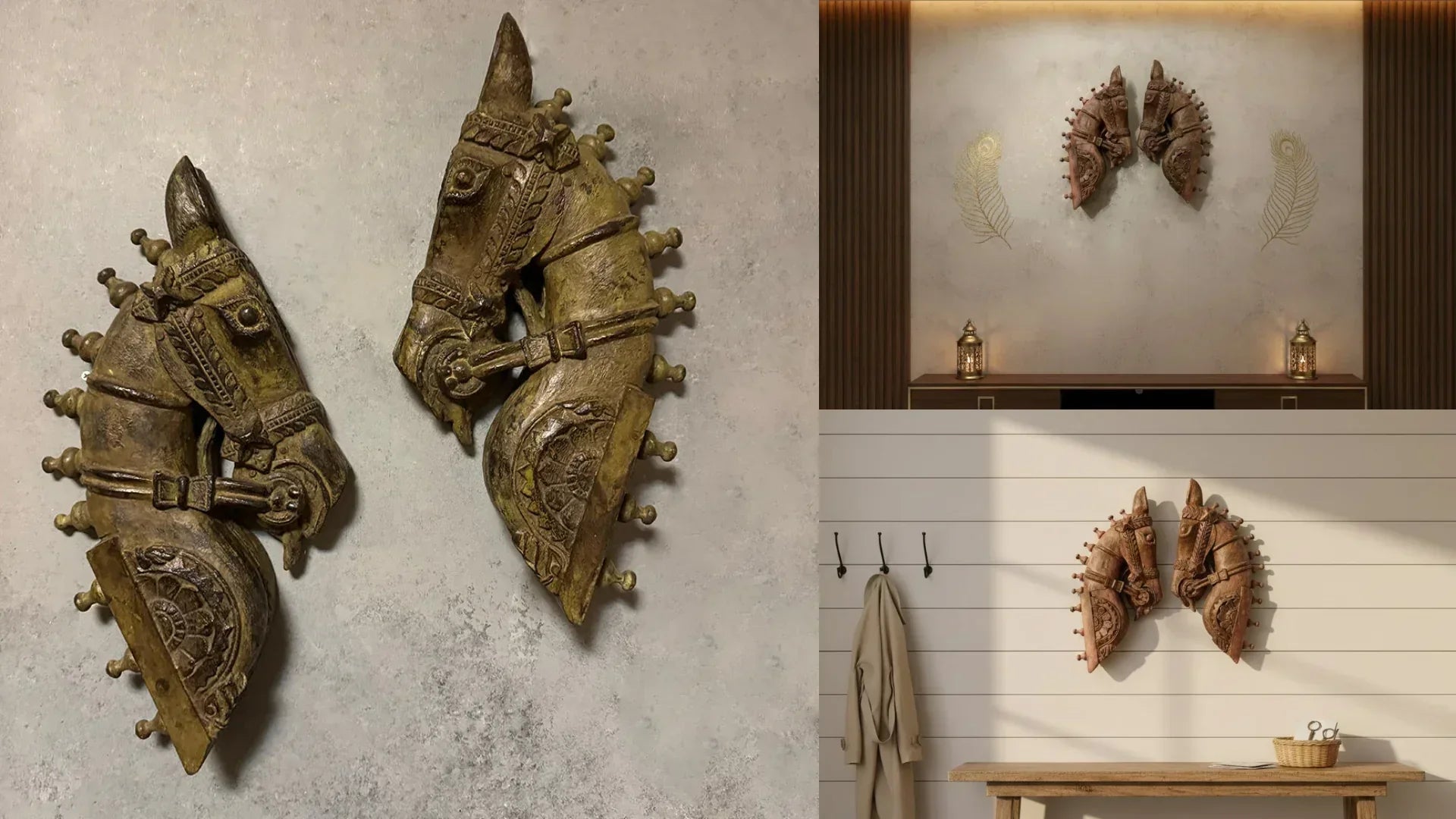 Two handcrafted carved horse head sculptures, perfect for home decor, sold as a set