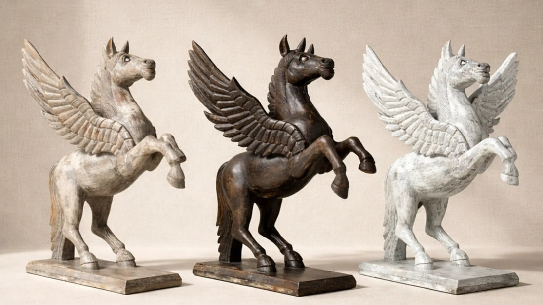 Handcrafted flying horse wall sculpture mounted on a wall.