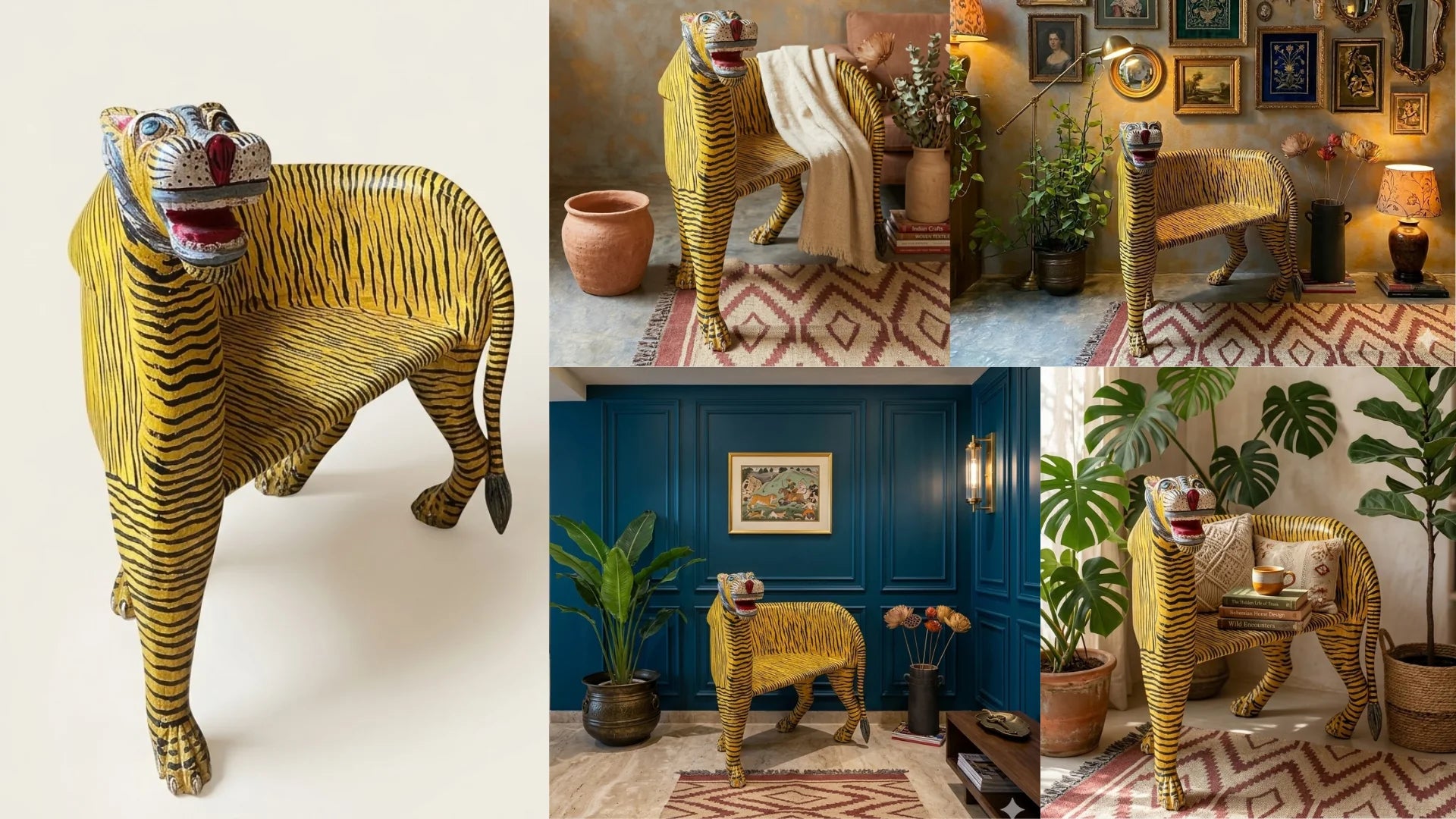 Hand painted tiger seat wooden stool handcrafted animal themed decor by Antiquely