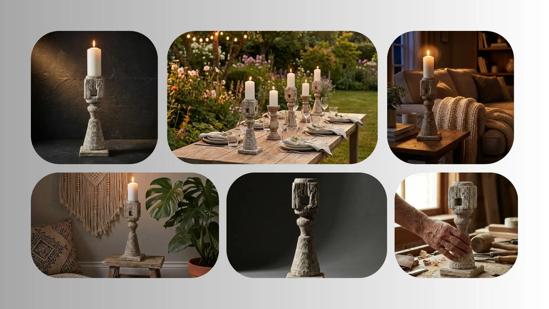 Vintage khaat foot pedestal candle stand with rustic wooden finish