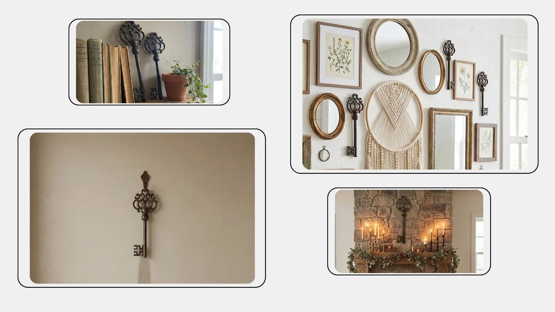 Set of two large vintage-style metal skeleton keys with an antique rustic finish, used as decorative wall