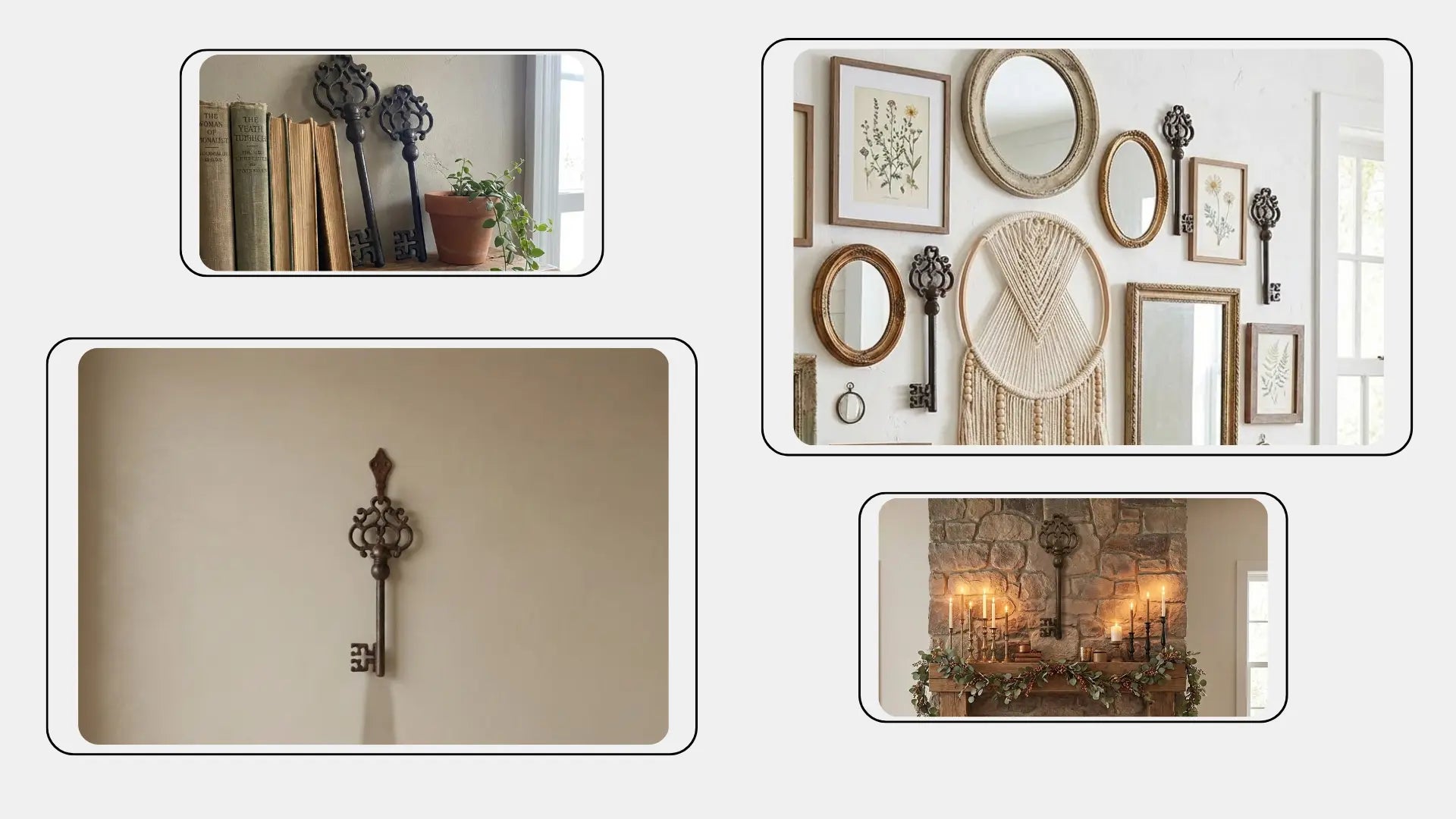 Set of two large vintage-style metal skeleton keys with an antique rustic finish, used as decorative wall