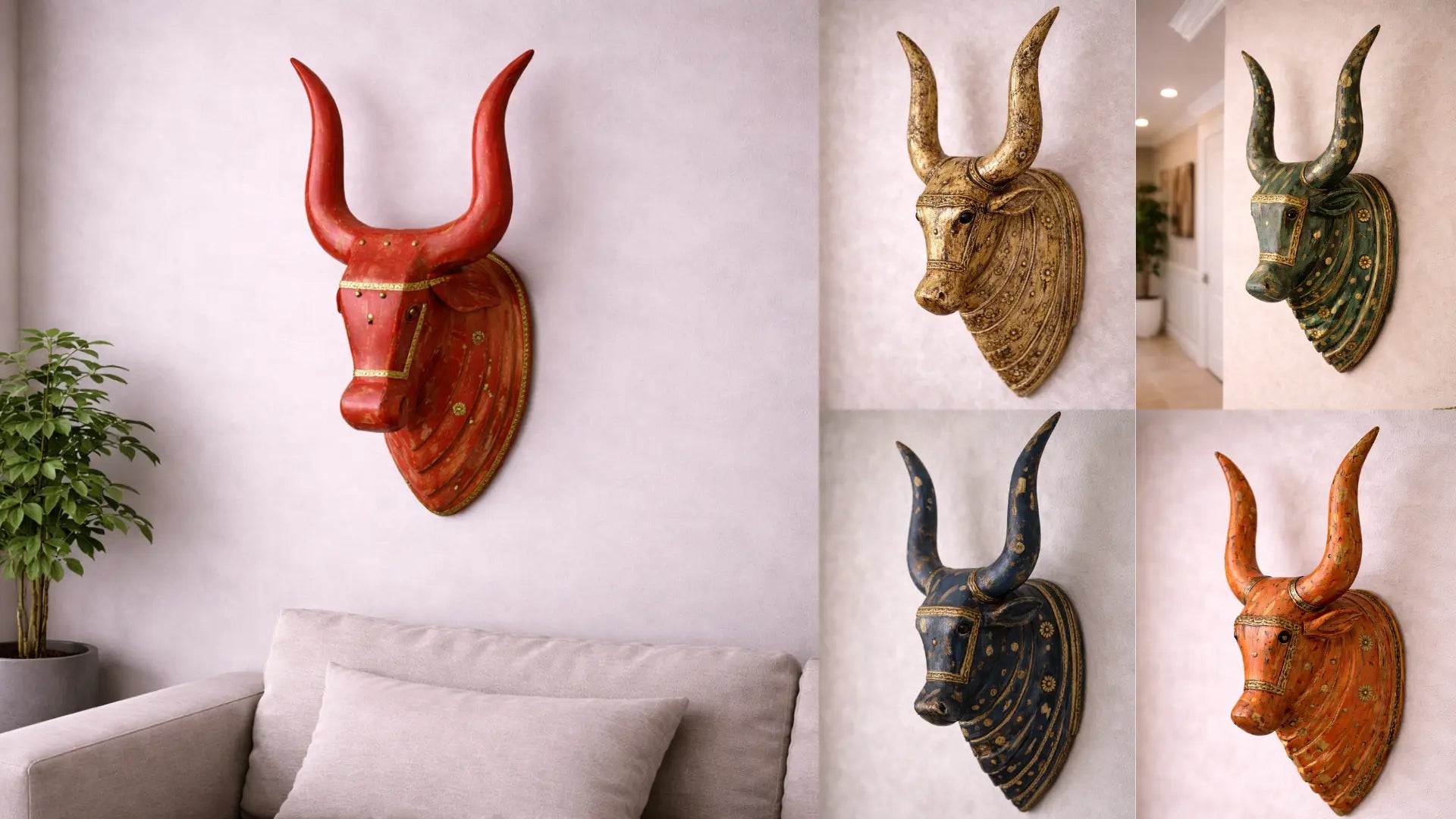 Handcrafted wooden Nandi head with distressed finish mounted on a wall, adding rustic charm and cultural elegance to home decor.