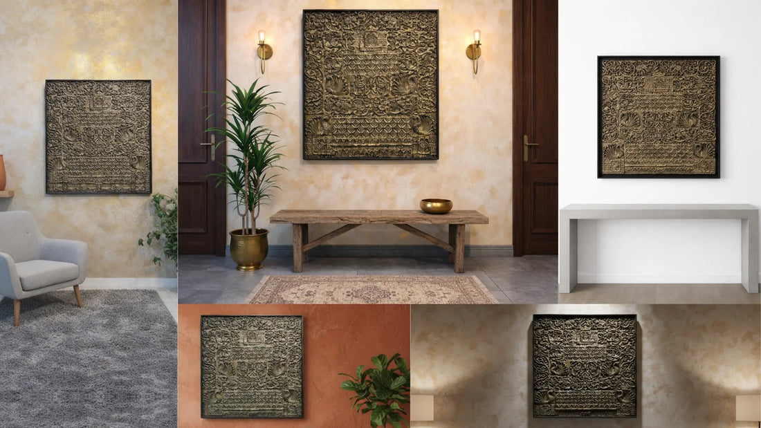 Peacock handcrafted wooden carved wall panel with intricate detailing and vintage finish for elegant living room wall decor.