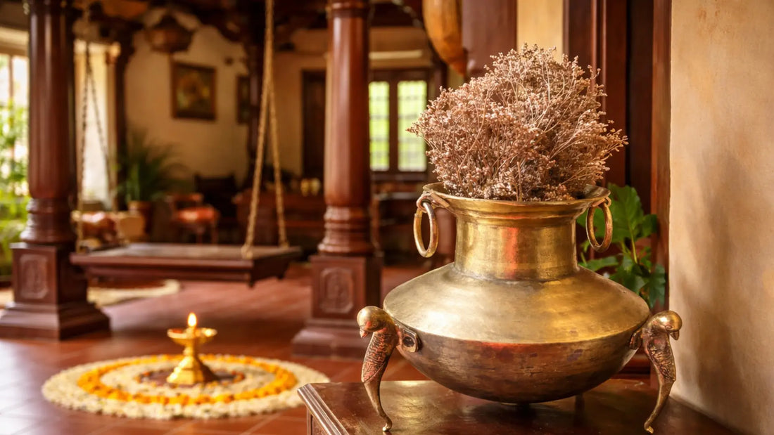 Antique brass pot with ornate peacock legs and traditional handcrafted design