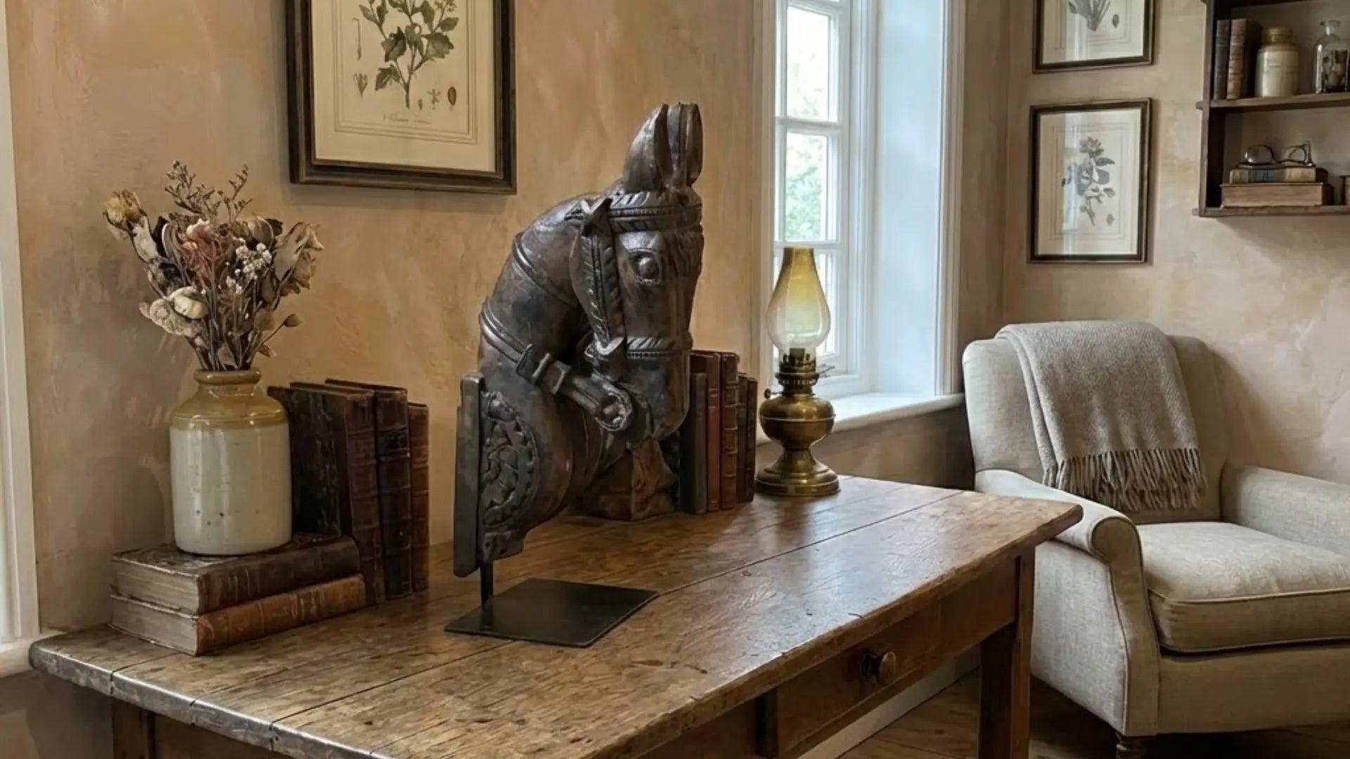  Handcrafted wooden carved horse sculpture displayed on a stand with antique finish