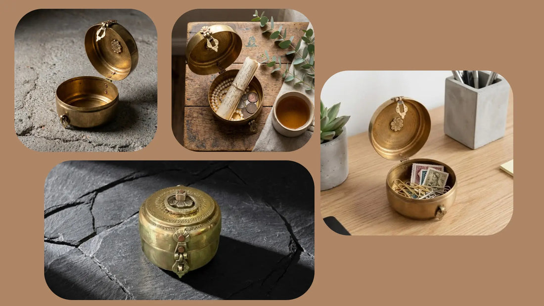 Decorative vintage brass box featuring an aged metal finish, used as a classic home décor accent