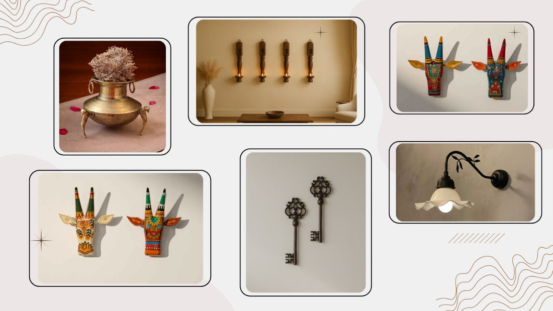Collection of antique brass home décor items including wall hooks, tribal mask wall art, vintage keys, and decorative lighting