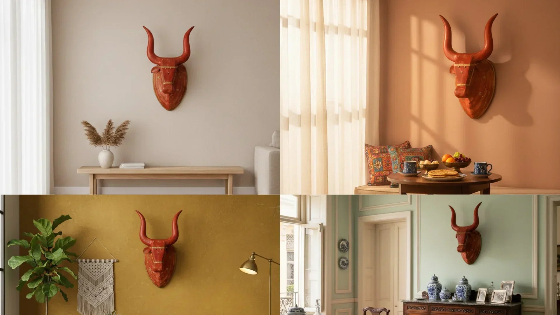 Wooden Nandi head wall decor, handcrafted Indian wood sculpture with rustic vintage finish