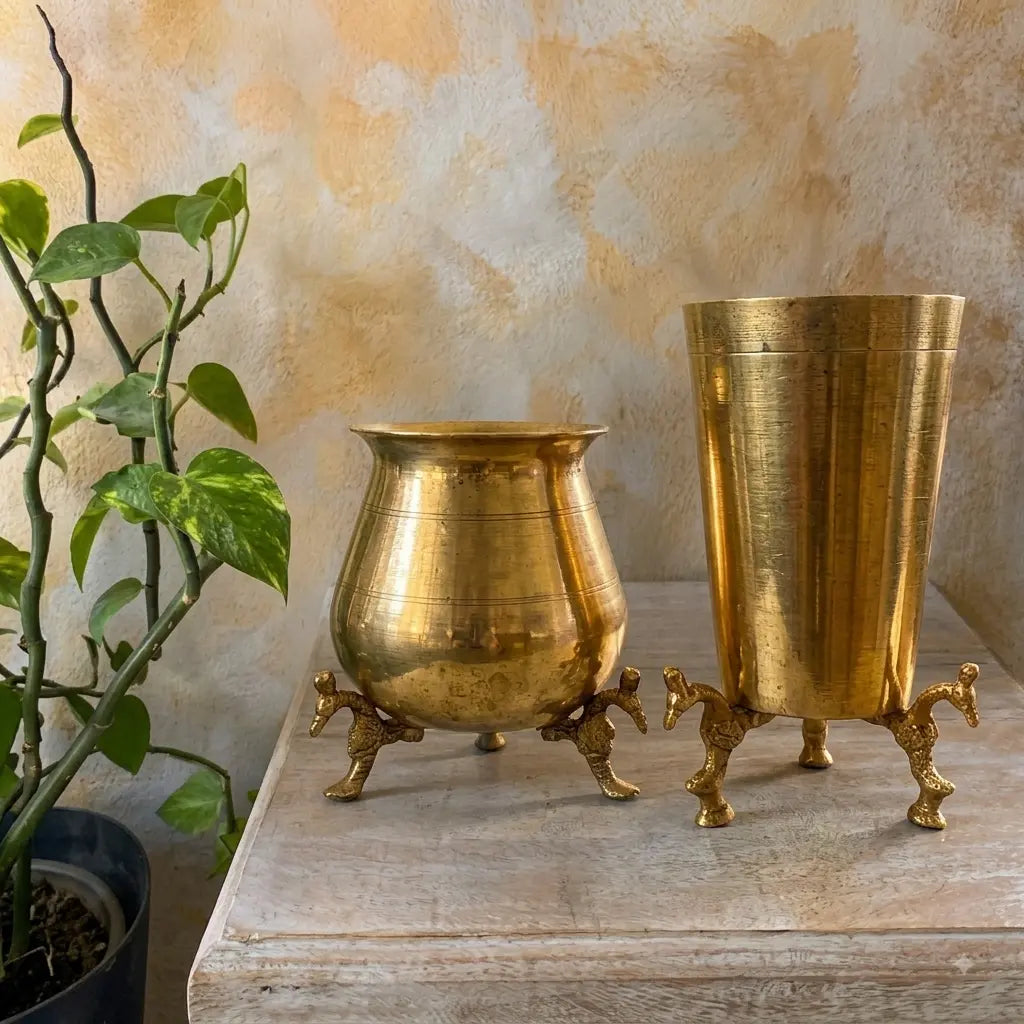 Set of 2 -  Vintage Unique Shape Pure Brass/Pital Lota & Brass Glass on Peacock Legs