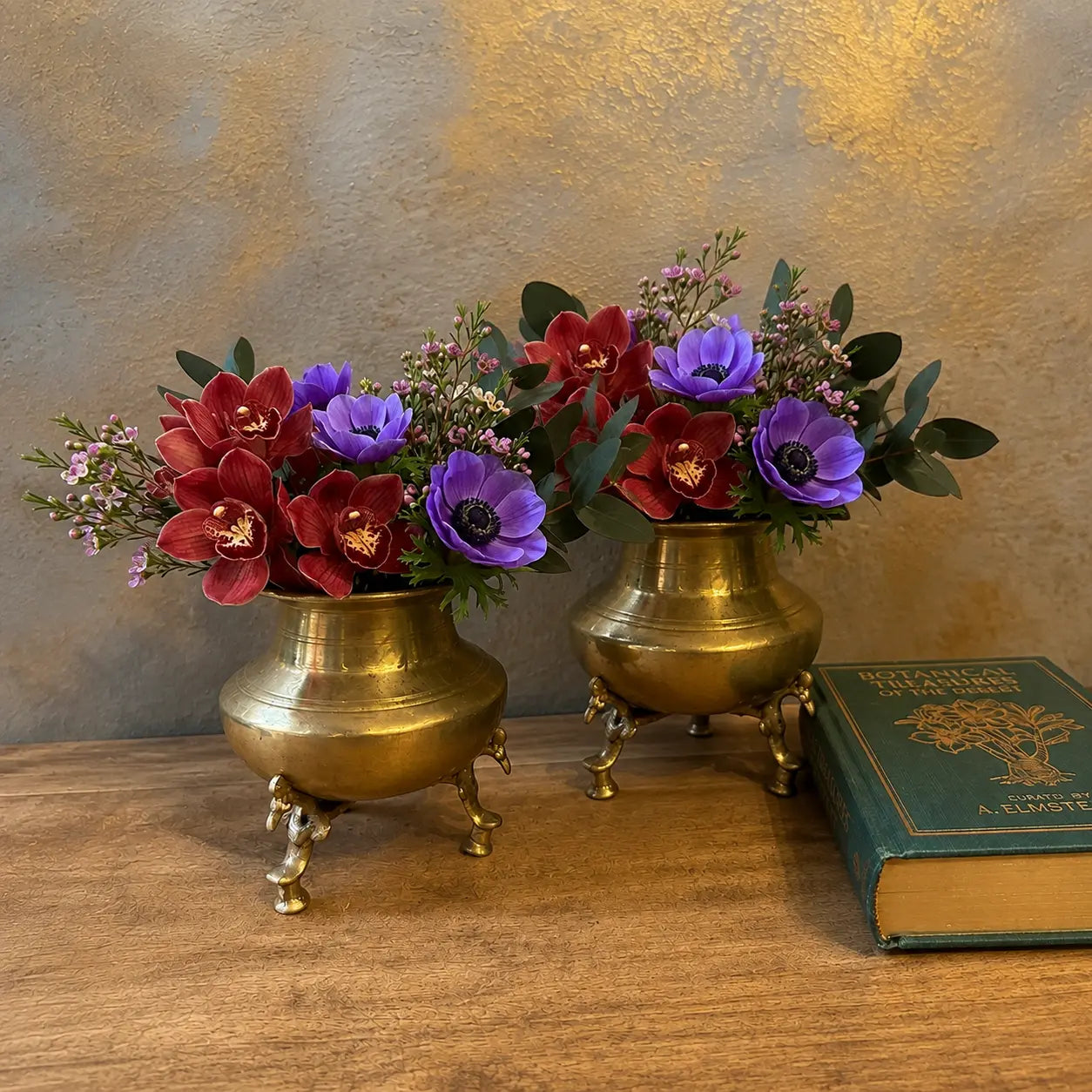 Set of 2: Antique Pure Brass/Pital Pot on Peacock Legs (Small, 1+1 FREE)