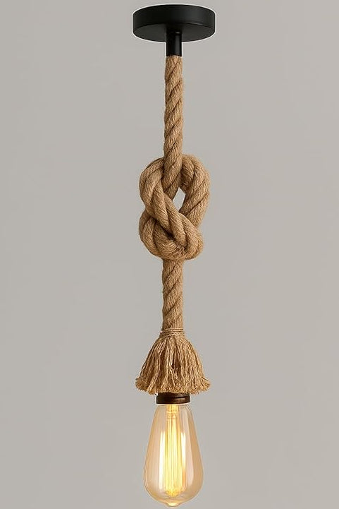 Pendant light with knotted rope design and visible bulb on a gray background