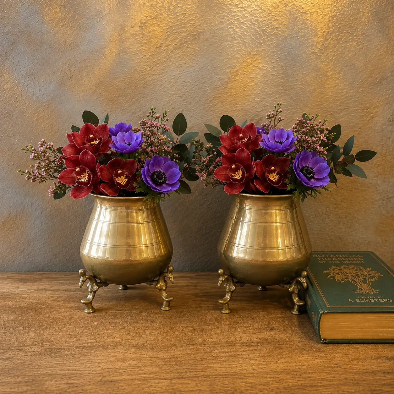 Set of 2: Antique Pure Brass/Pital Pot on Peacock Legs (Small, 1+1 FREE)
