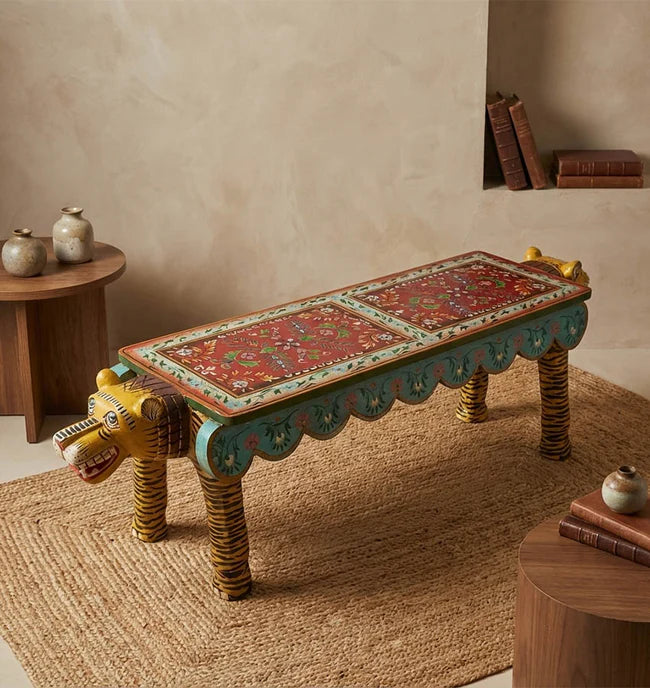 Decorative bench with animal design in a room setting