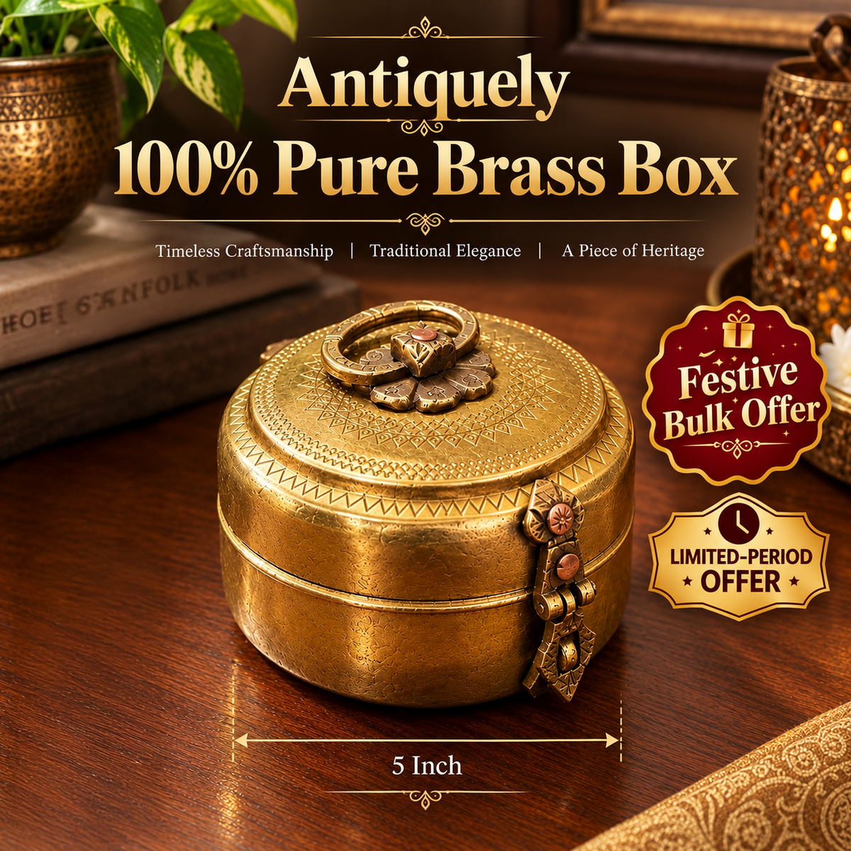 Antique Brass/Pital Box - 5 Inch