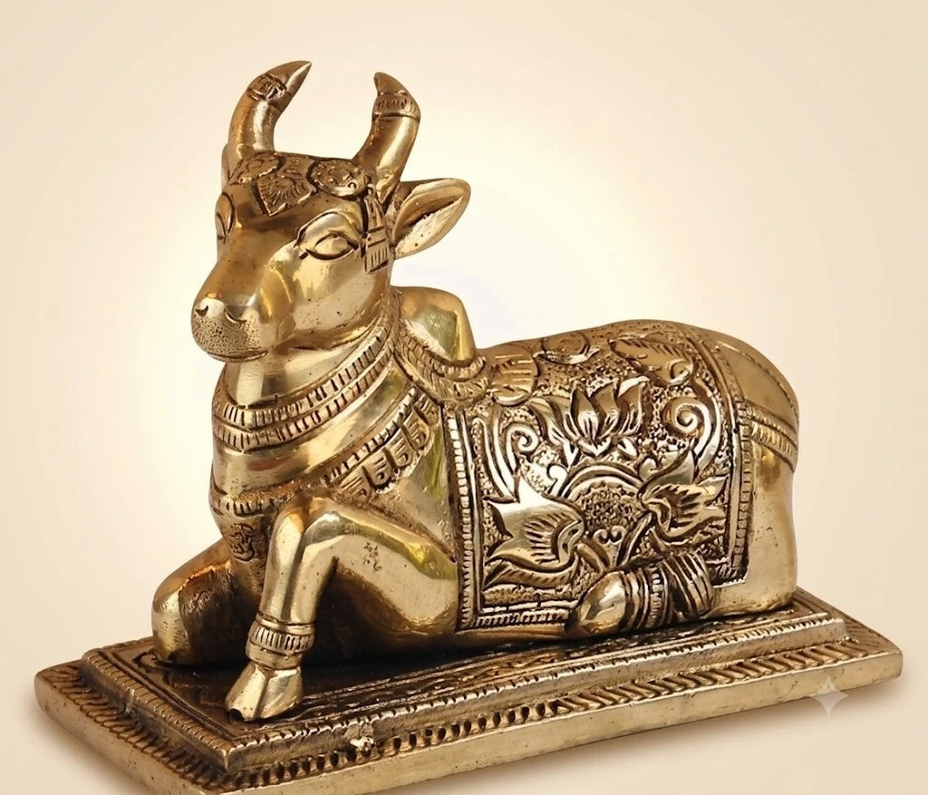 Antique brass Pital Nandi idol with intricate traditional detailing