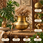 A decorative brass pot vase filled with dried baby's breath flowers, shown in a styled home decor setting with informational callouts about premium brass material, vintage finish, traditional design, and handcrafted quality.