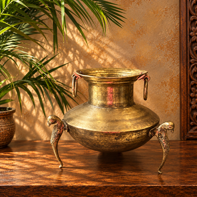 Antique Brass/Pital Pot With Peacock Legs