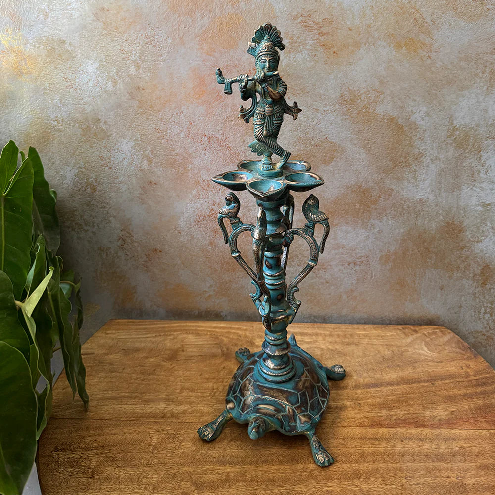 Antique brass Krishna decorative oil lamp with lotus diya holders for home decor