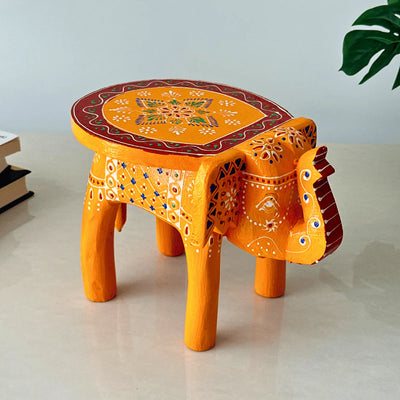 Hand-Carved Wooden Elephant Stool (Vintage Yellow)