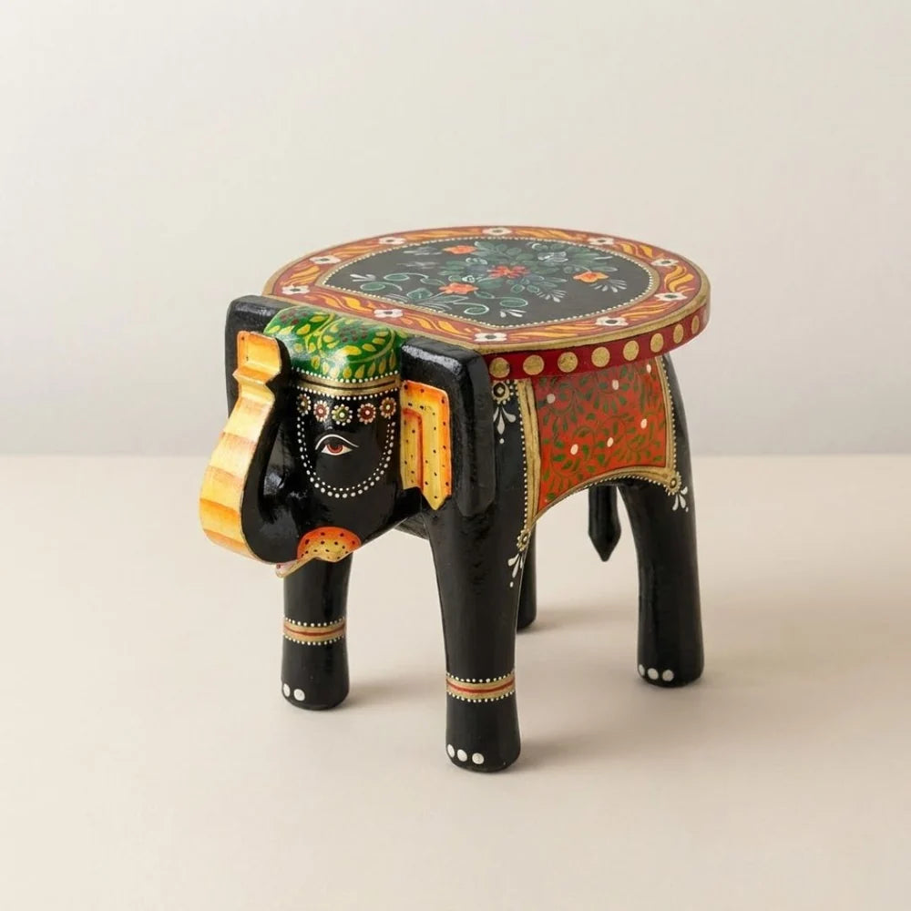 Hand-Carved Wooden Elephant Stool (Vintage Black)