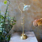 Vintage-style brass lamp with a white floral shade on a wooden surface, with plants and flowers in the background.