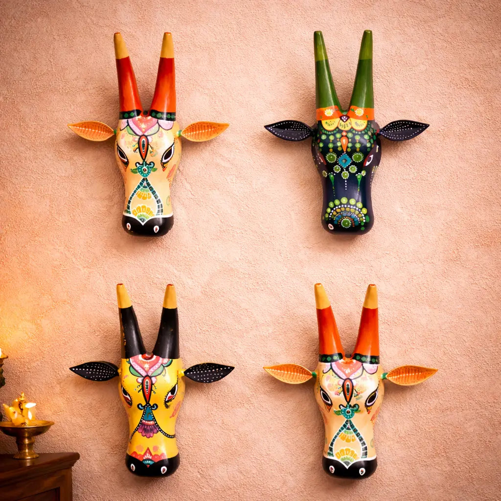 Handcrafted Wooden Ivory Cow Wall Decor | Hand-Painted Folk Art Wall Hanging