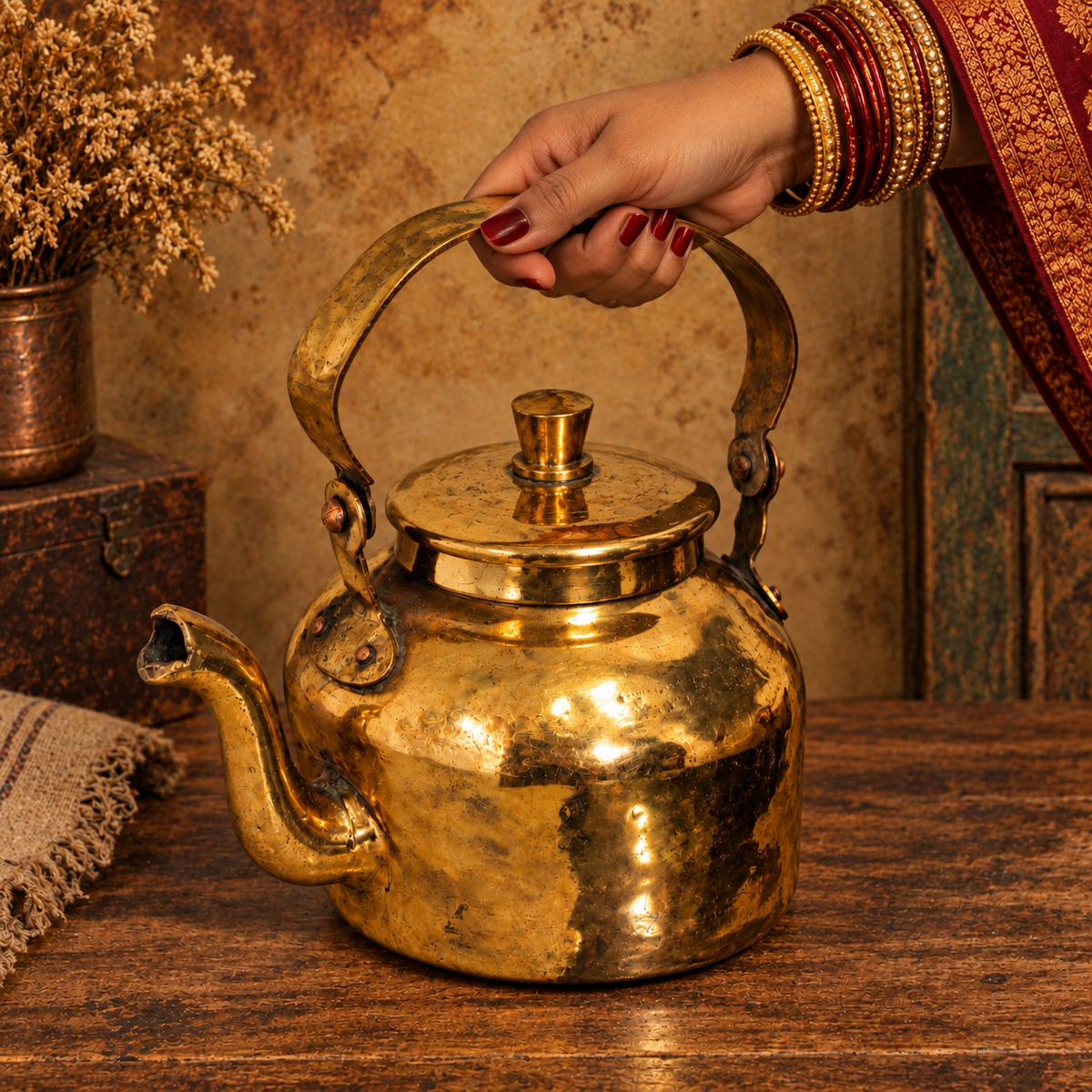 Rare Vintage Brass/Pital Kettle with Arched Handle | Traditional Brass Decor