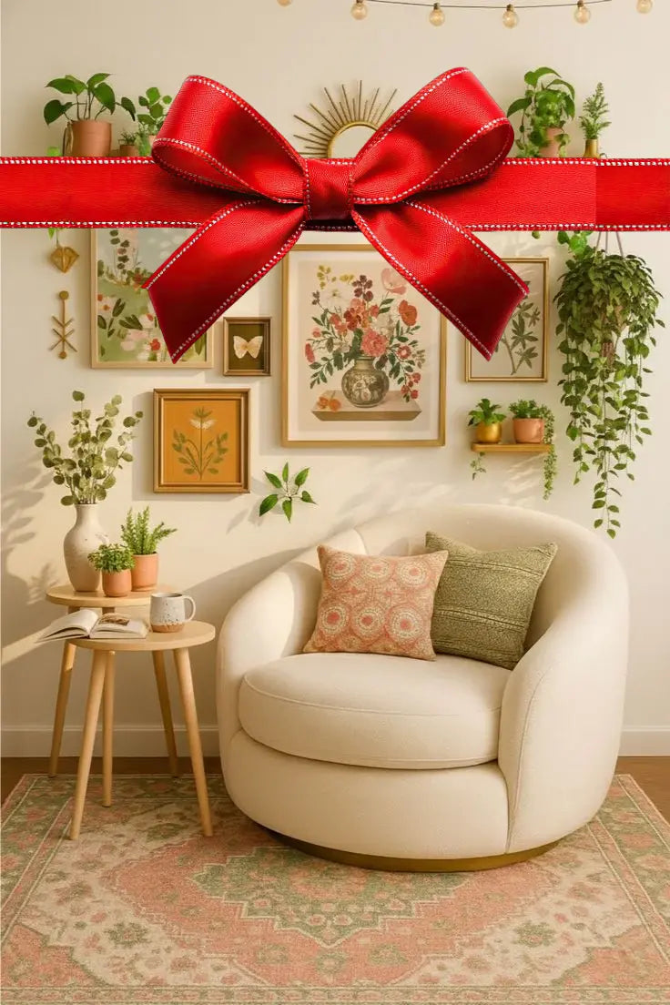 A cozy chair with pillows, plants, framed art on the wall, and a red bow across the top