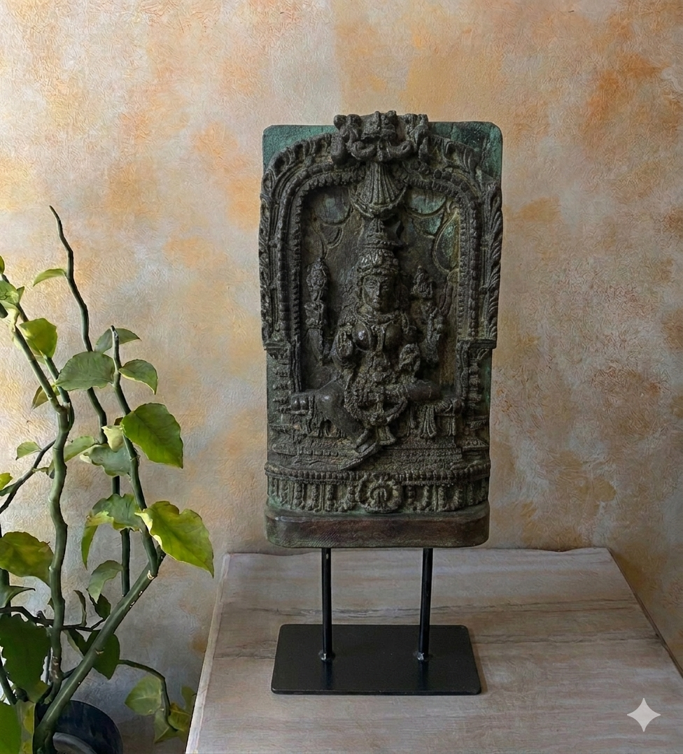 Antique Hand Carved Lakshmi Panel on a Stand
