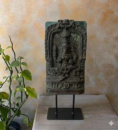 Antique Hand Carved Lakshmi Panel on a Stand