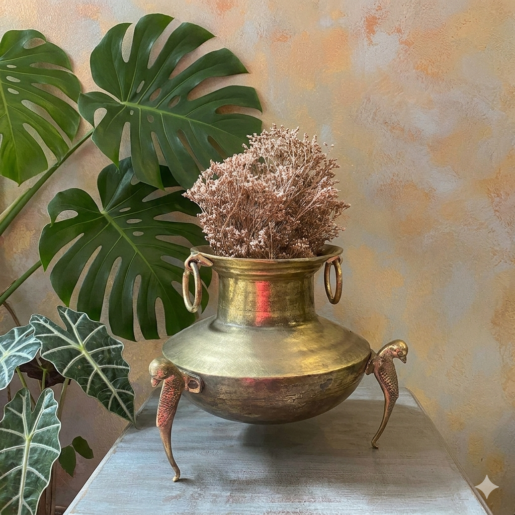 Antique Brass Pot With Peacock Legs (Medium)