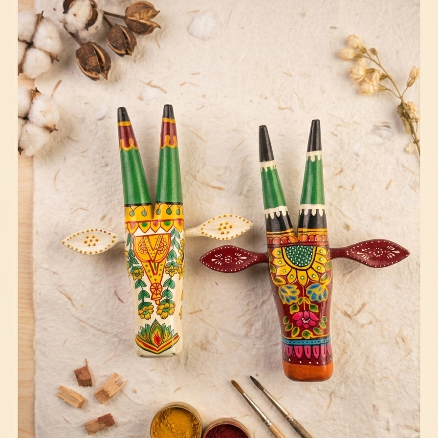 Decorative incense sticks with colorful patterns on a textured surface with cotton and dried flowers.