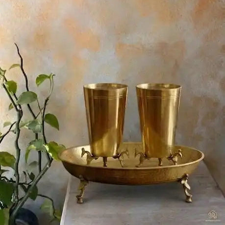 Set of 3 - 1 Vintage Pure Brass/Pital Urli, 2 Vintage Brass/Pital Glass on Peacock Legs