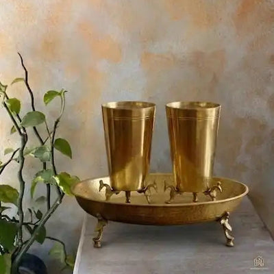 Set of 3 - 1 Vintage Pure Brass/Pital Urli, 2 Vintage Brass/Pital Glass on Peacock Legs