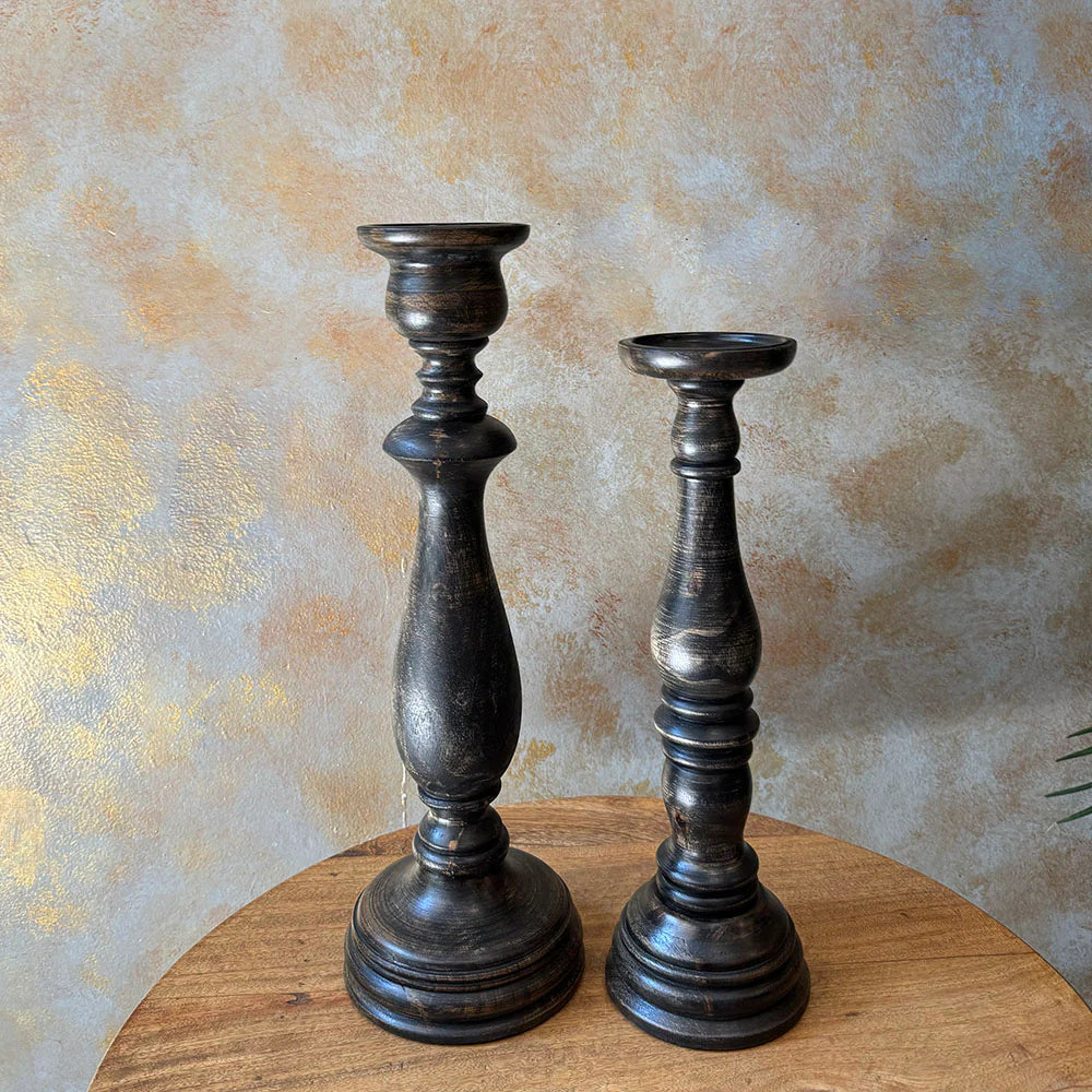 Charcoal Wooden Candle Holders (Set of 2)