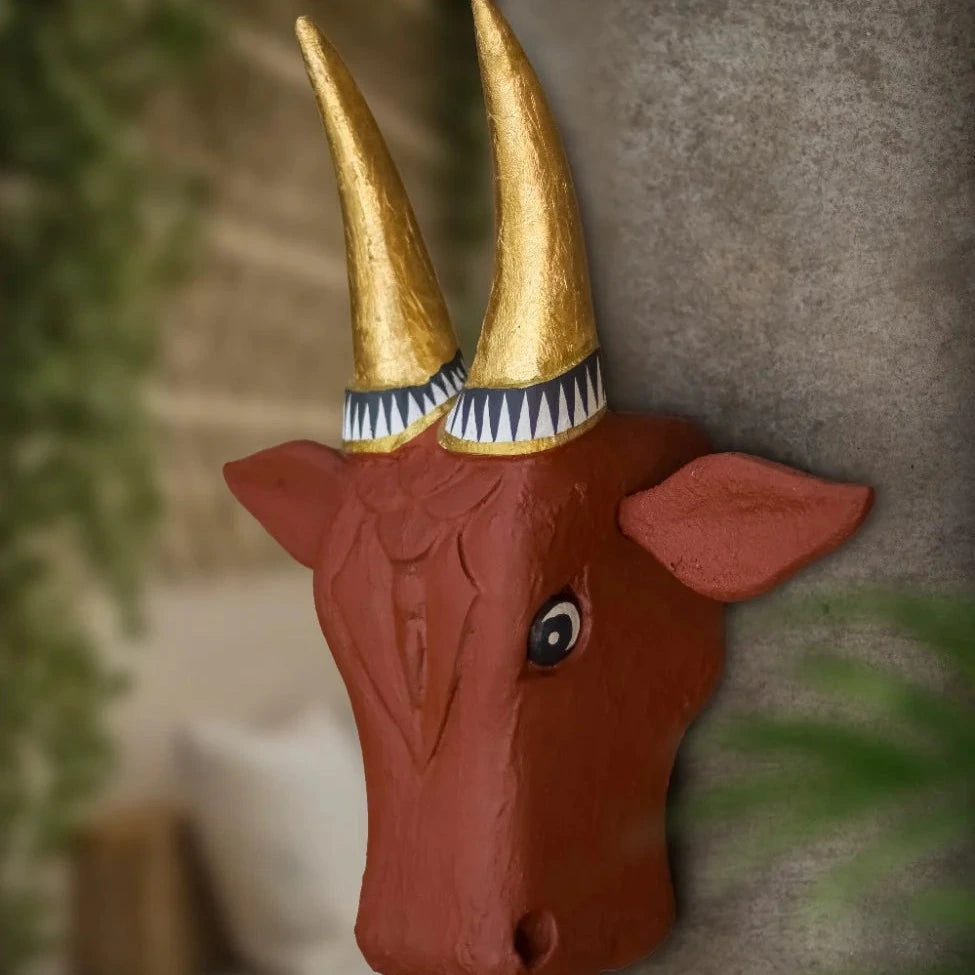 Hand-Carved Vintage Cow Head Wall Art - 12"