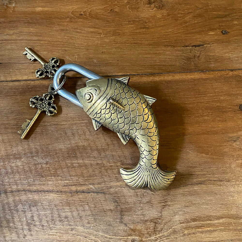 Antique Brass Fish Lock & Key Set