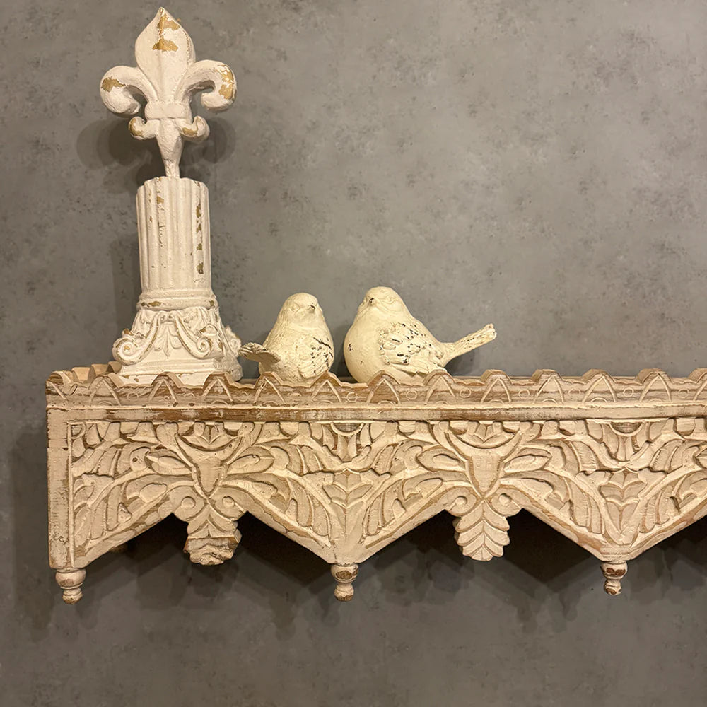 Leher Long Carved Wooden Shelf - Distressed White