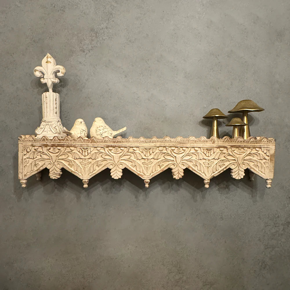 Leher Long Carved Wooden Shelf - Distressed White