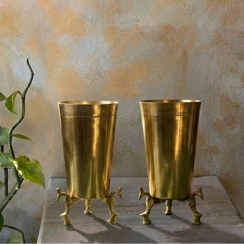 Set of 2 - Vintage Pure Brass/Pital Glasses on Peacock Legs (1+1 FREE)