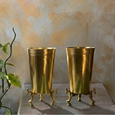 Set of 2 - Vintage Pure Brass/Pital Glasses on Peacock Legs (1+1 FREE)