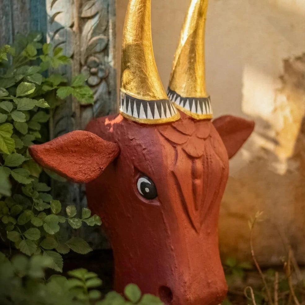 Hand-Carved Vintage Cow Head Wall Art - 12"