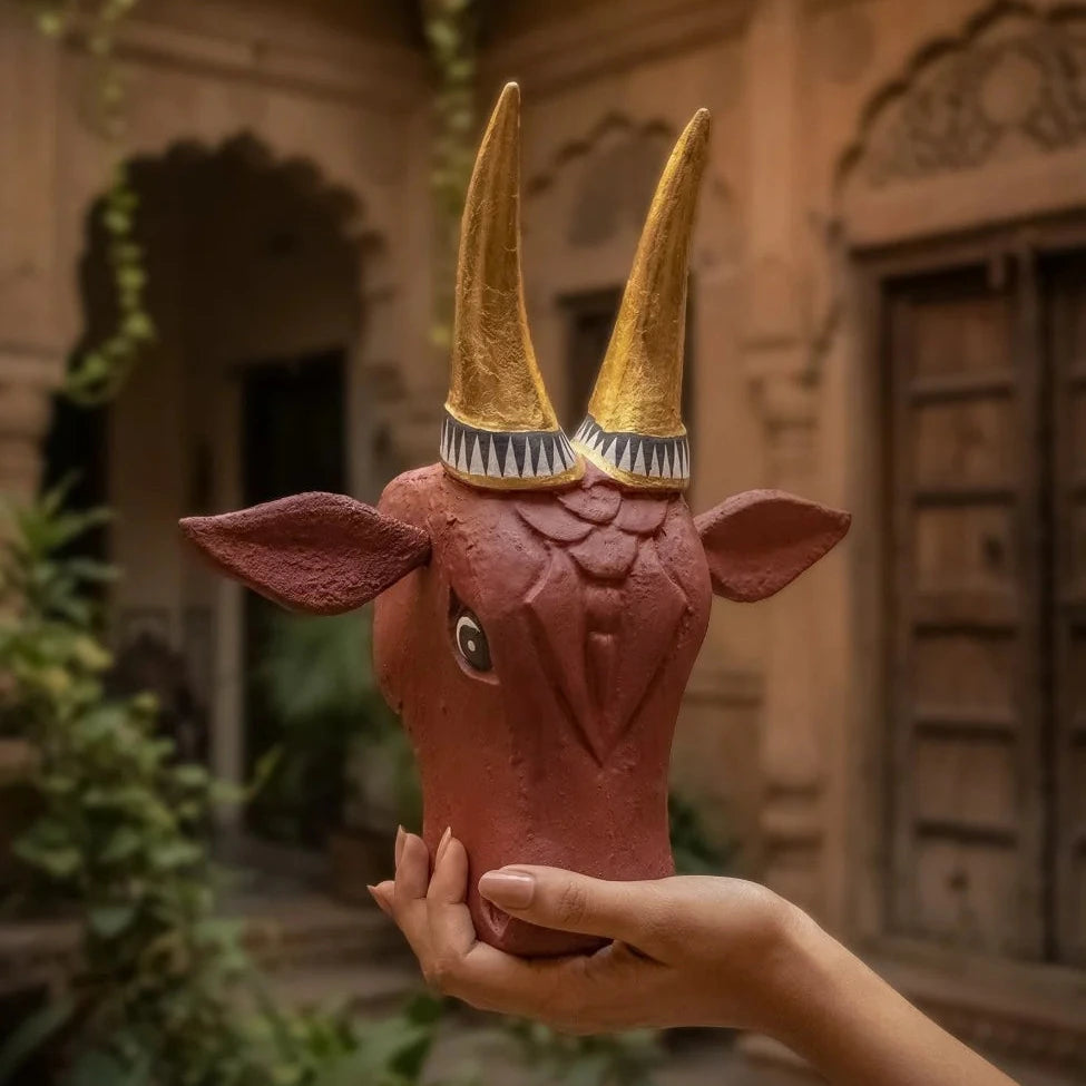 Hand-Carved Vintage Cow Head Wall Art - 12"