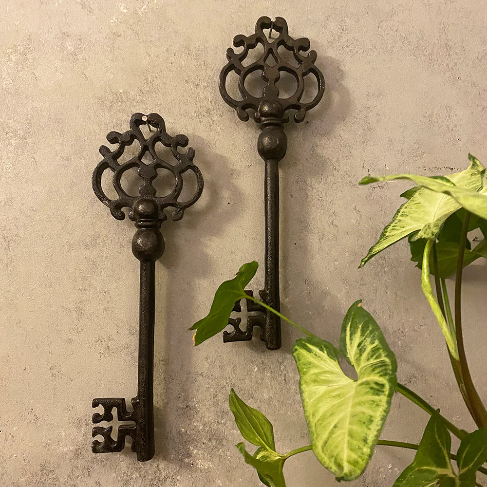 Two decorative keys on a textured wall with green leaves in the foreground