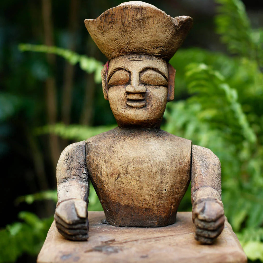 Wooden figurine with a hat against a green leafy background