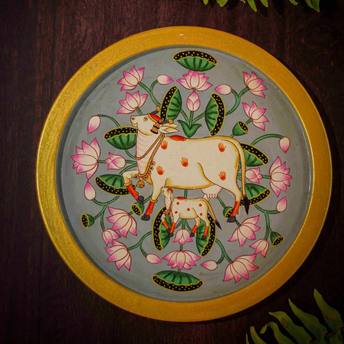 Pichwai Cow and Lotus Handpainted Wall Plate - 8"